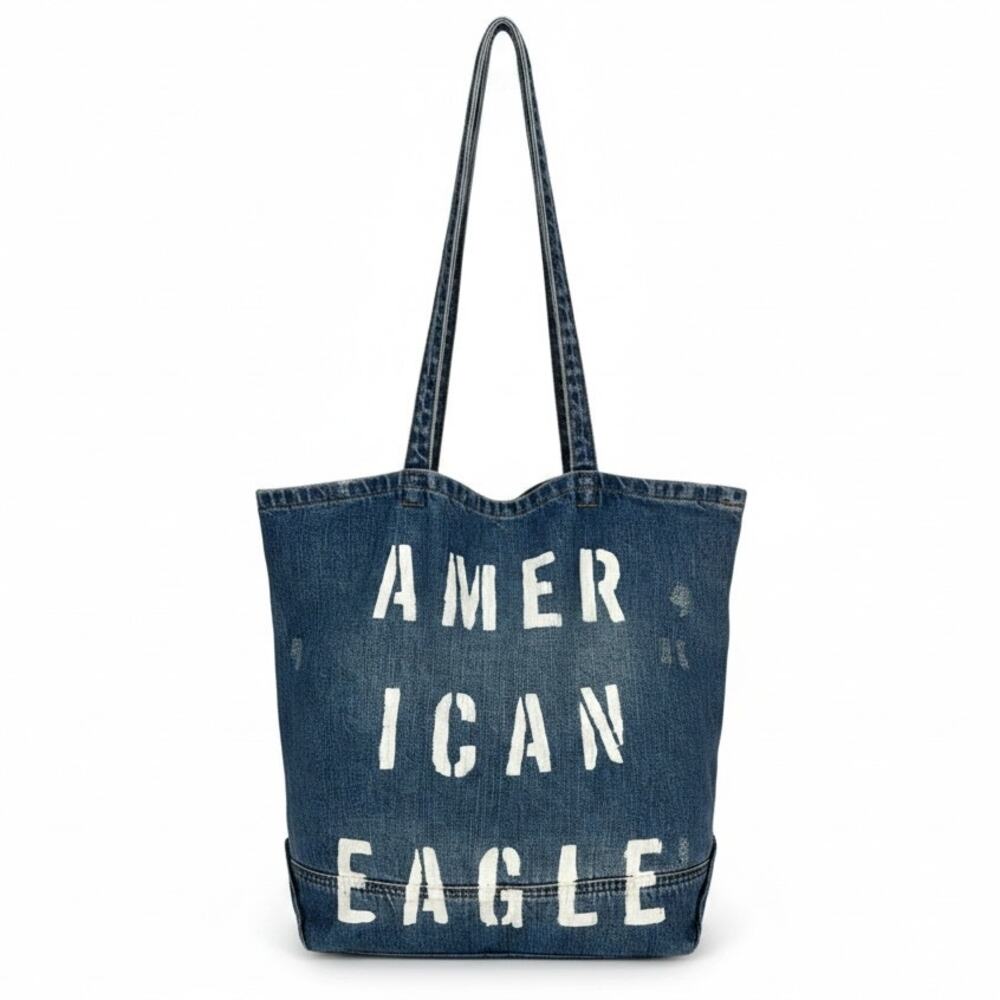 AMERICAN EAGLE Distressed DENIM LOGO Tote Bag Blue Size MEDIUM